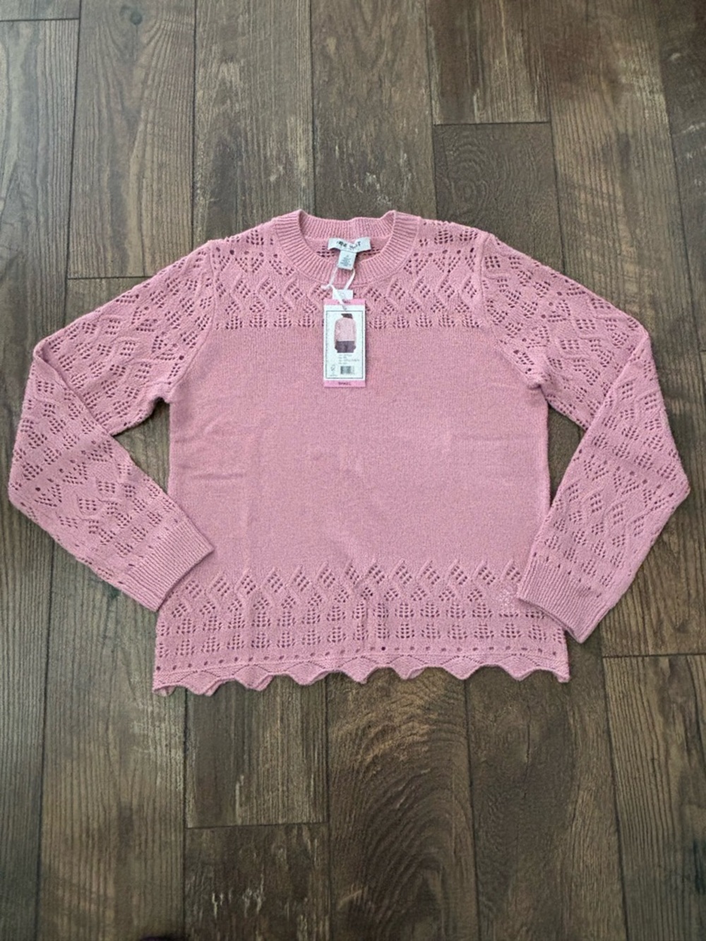NWT Nine West Scalloped Hem Eyelet Knit Sweater Pink Size Small